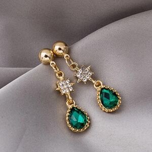Green and Clear Rhinestone Gold Tone Teardrop Earrings Stud Posts 1.25"L x .25"W